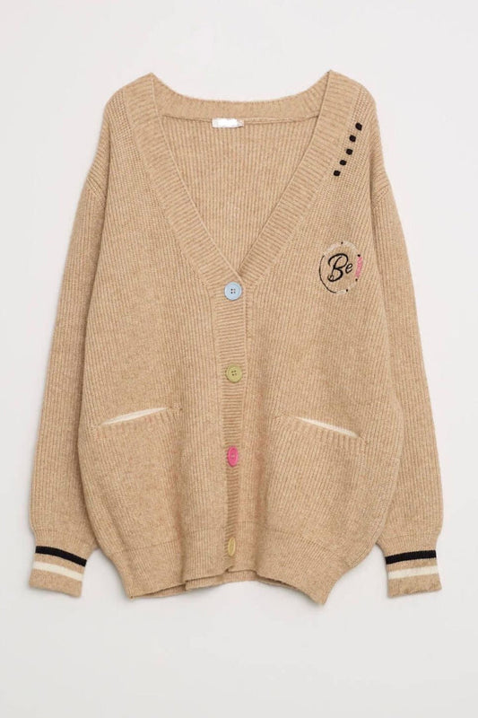 Beige Colorful Buttoned Sweater