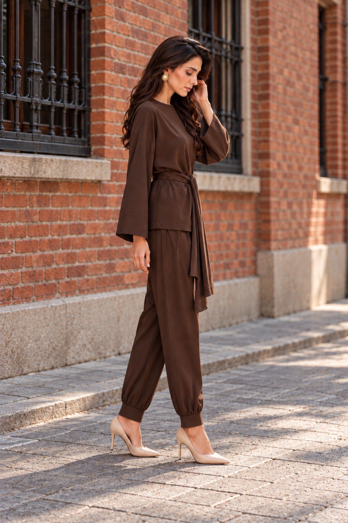 Belted Co-ord in Chocolate, side view