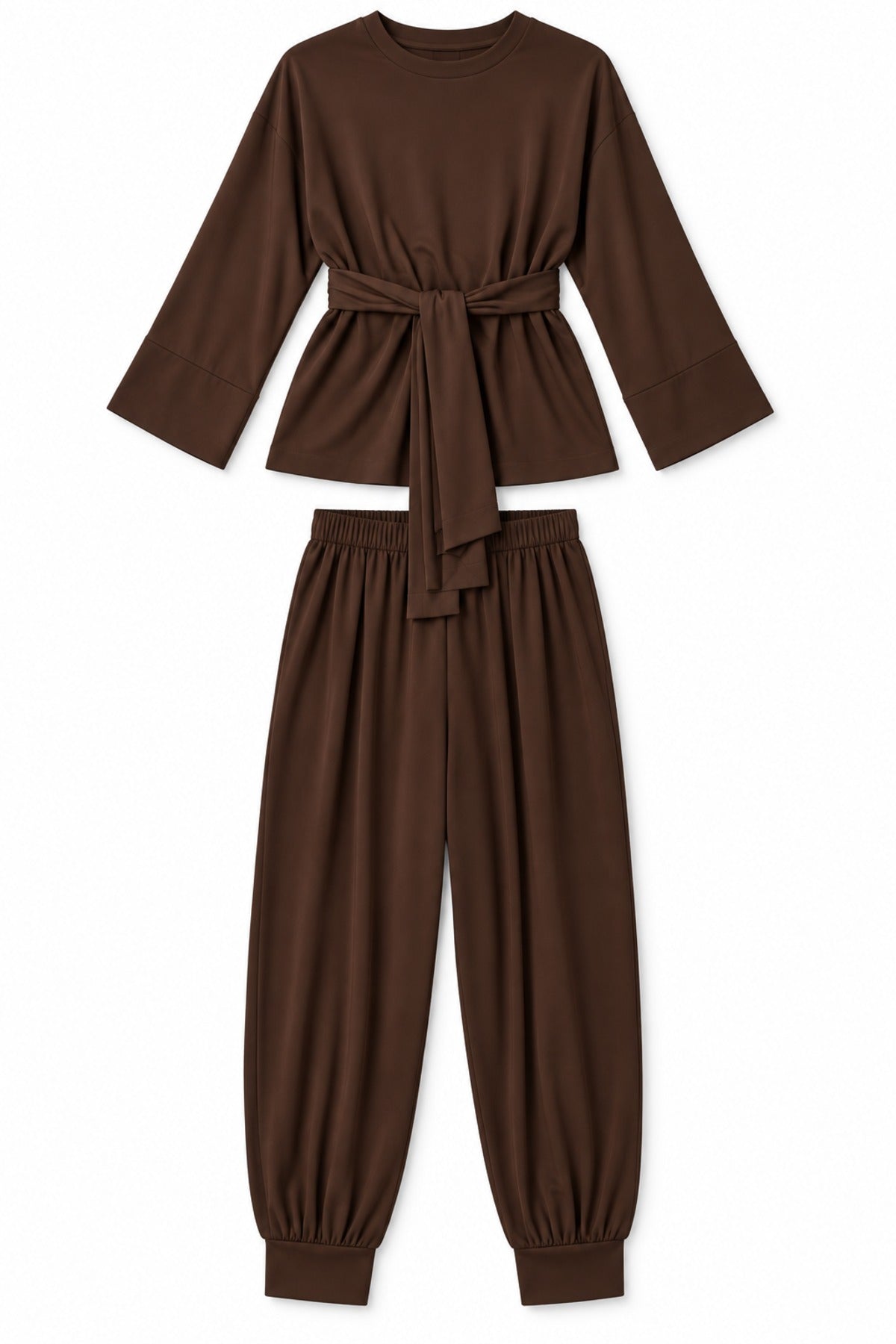 Belted Co-ord in Chocolate, flat lay