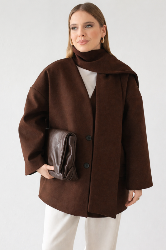 Brown Statement Coat With Scarf