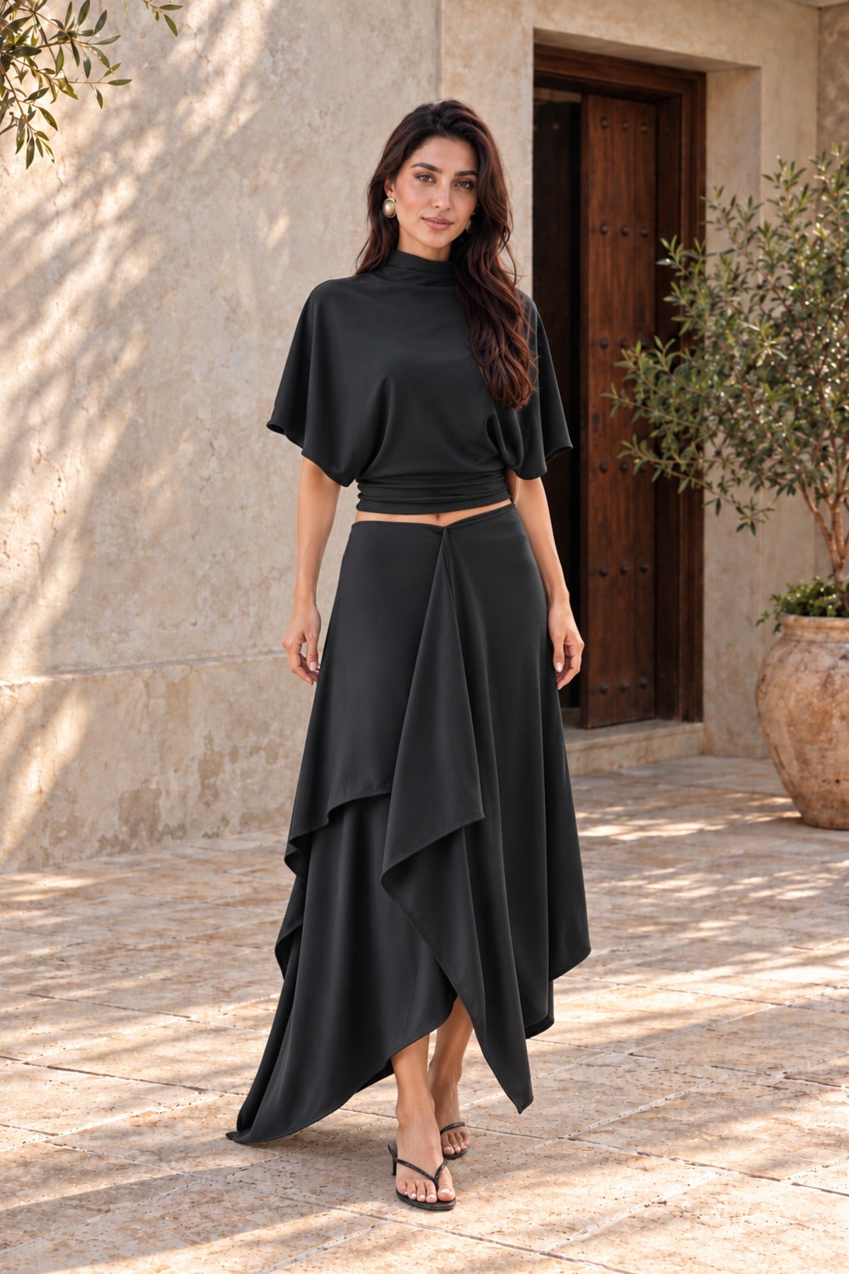 Draped Skirt Co-ord in Black, front view