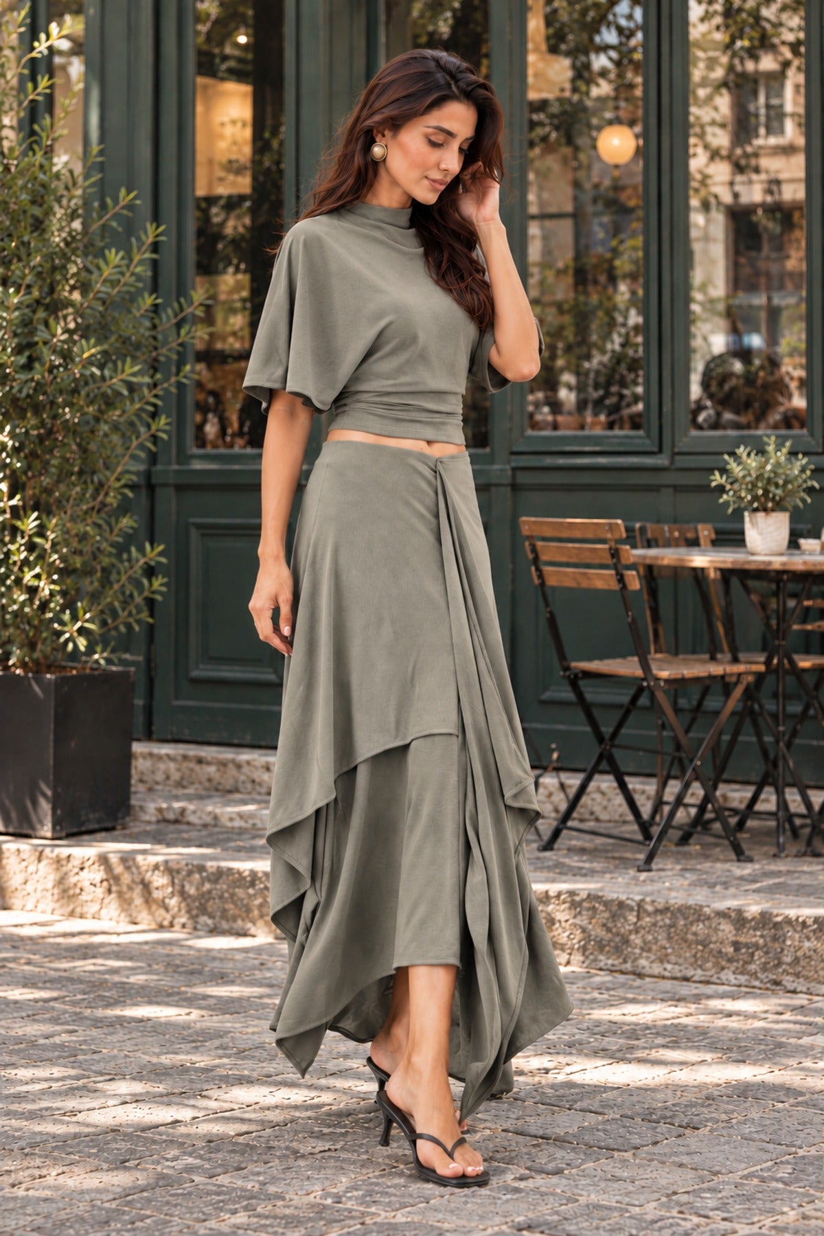 Draped Skirt Co-ord in Grey, side view