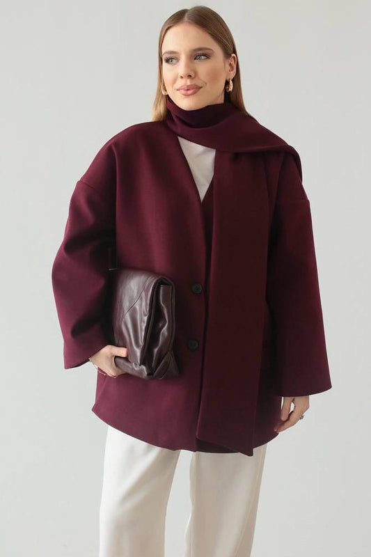 Burgundy Statement Coat With Scarf
