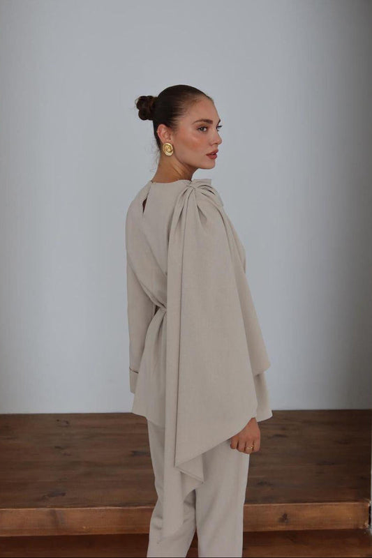 Cream Draped Shoulder Co-Ord Set
