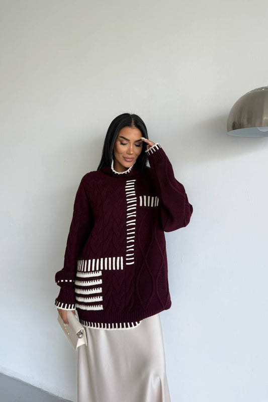 Maroon Grid Knit Sweater