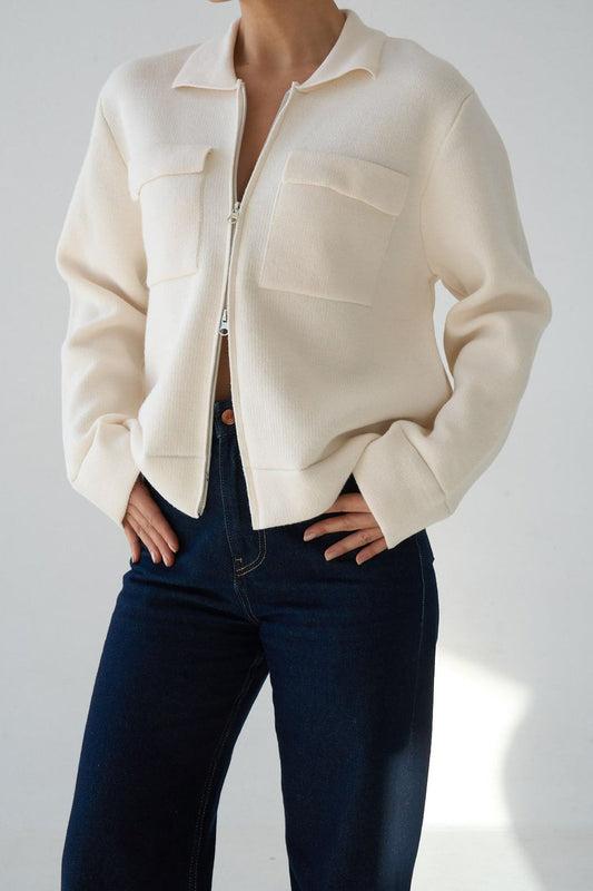 Cream Zip-Up Knit Jacket