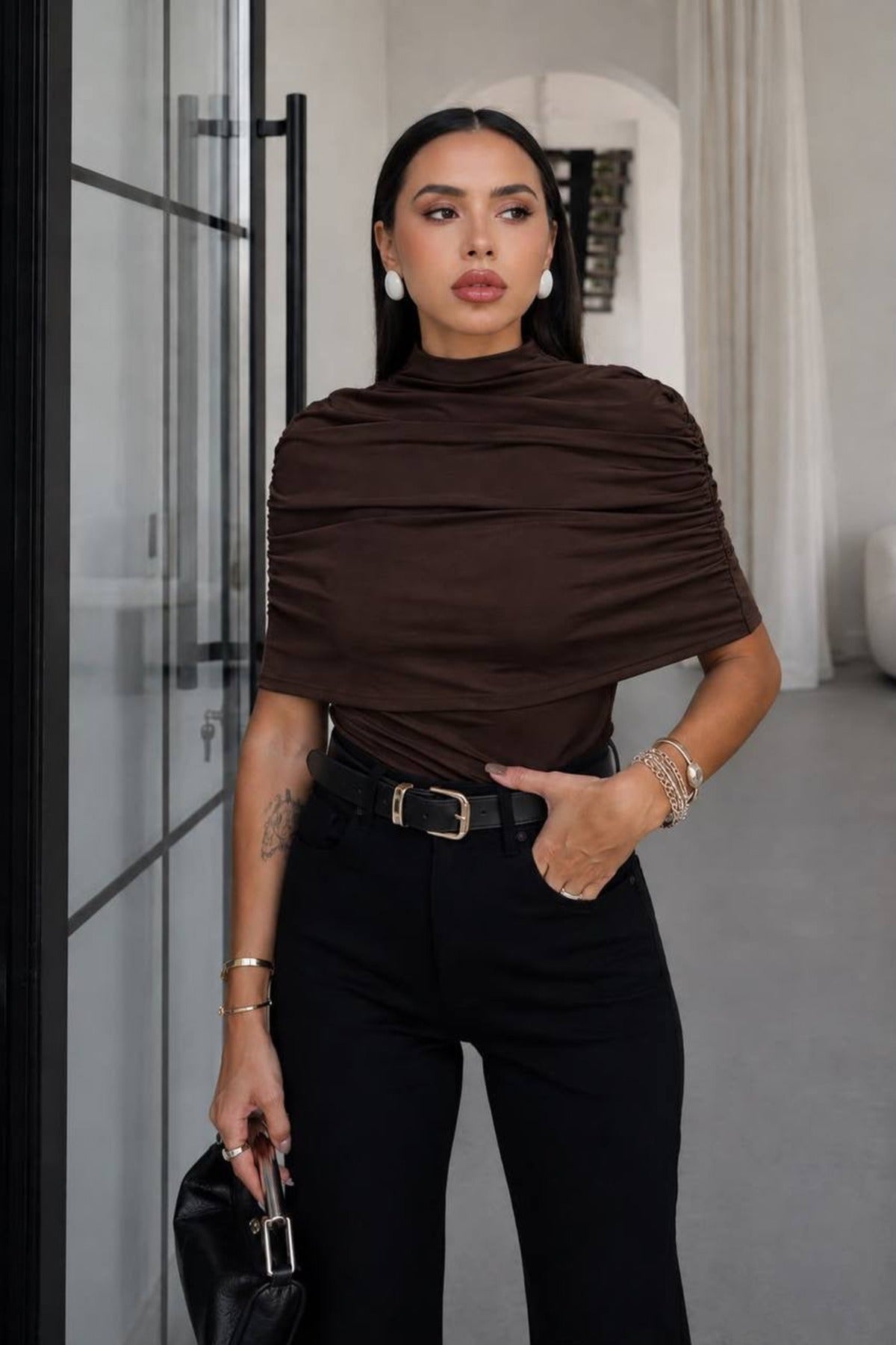 Ruched Cape Top — Brown