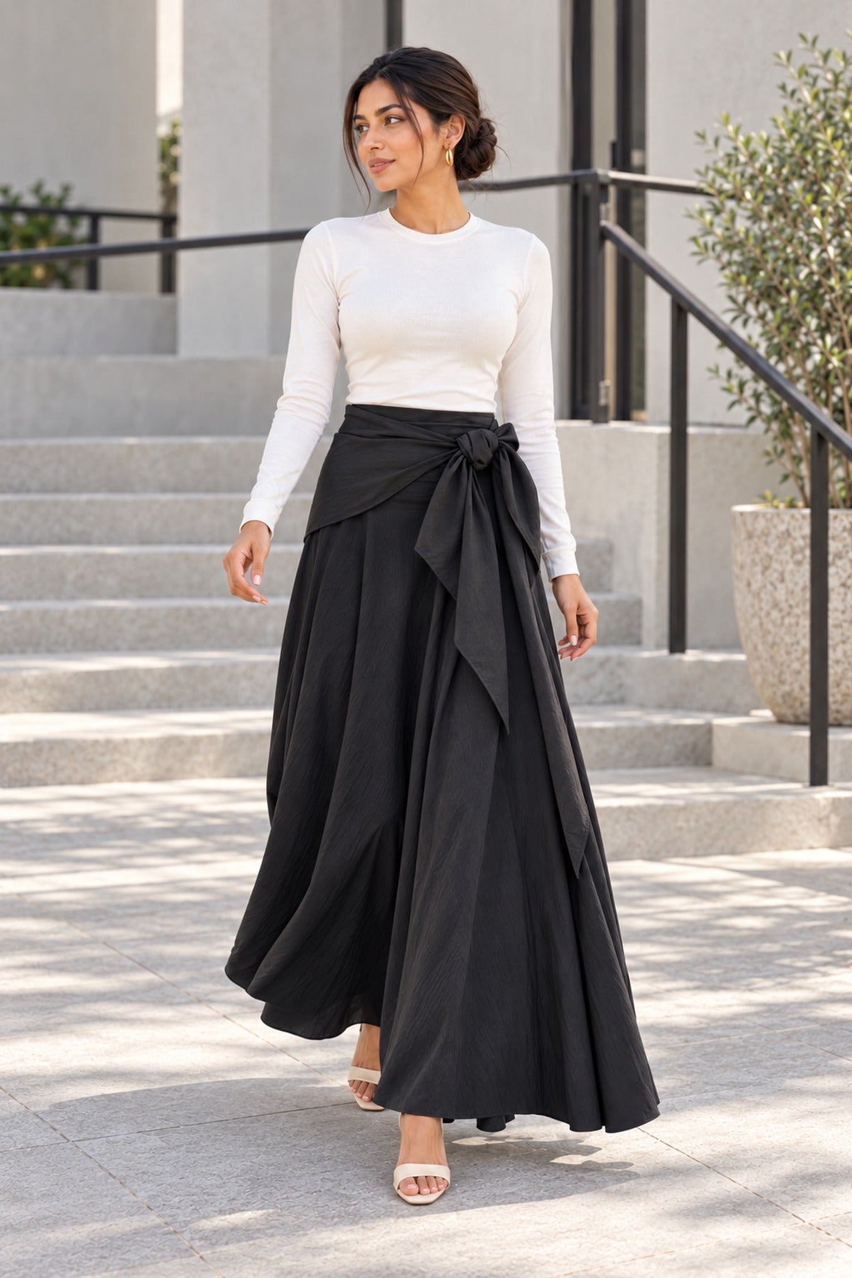 Sash Skirt in Black, walking
