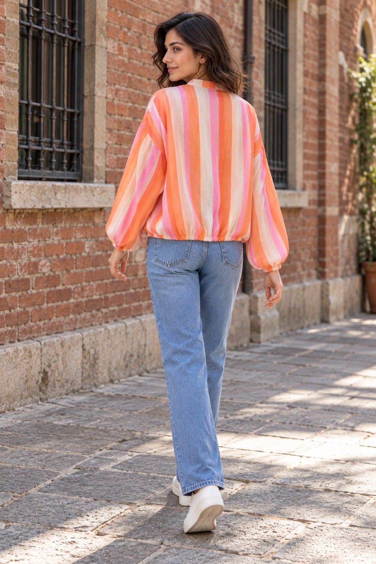 Striped Zip-Up Jacket in Pink / Peach, back view