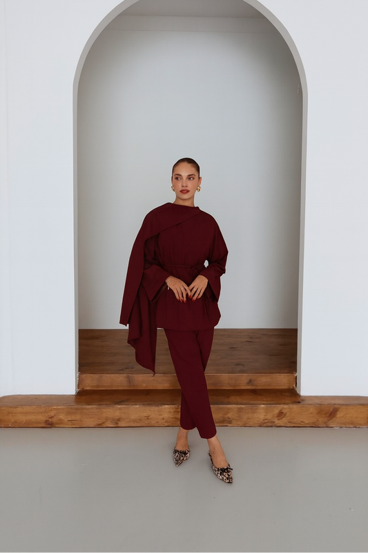 Maroon Draped Shoulder Co-Ord Set
