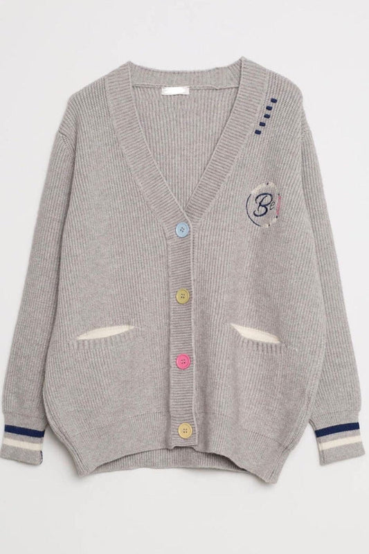Grey Colorful Buttoned Sweater