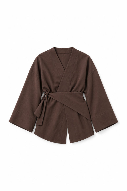 Wrap Kimono Top in Chocolate, flat lay