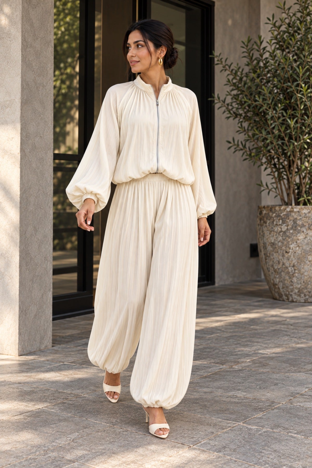 Zip-Up Co-ord in Ivory, walking